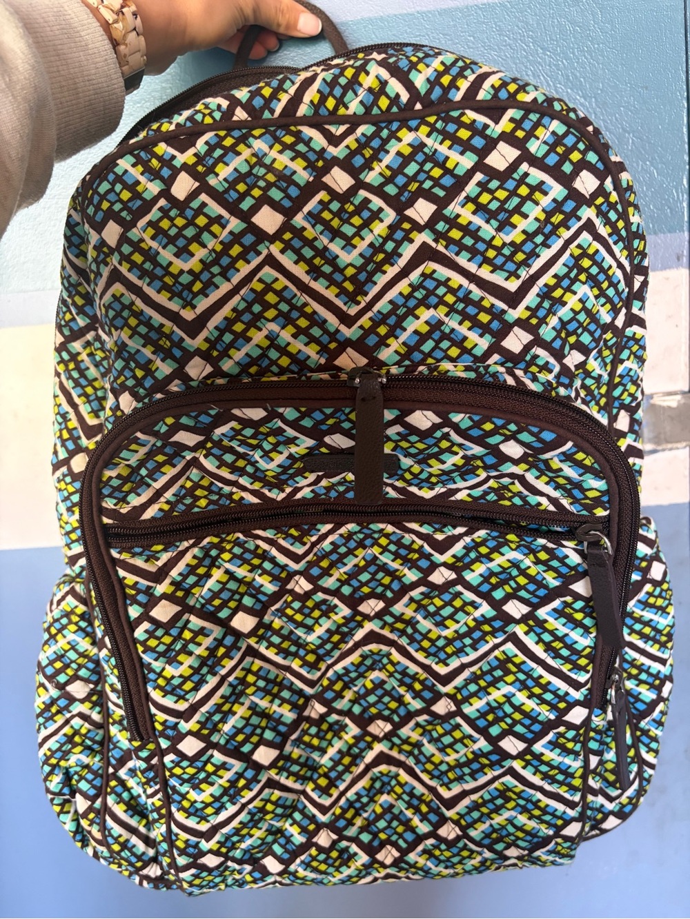 Vera Bradley Quilted Backpack in Blue, Green & White Geometric Print